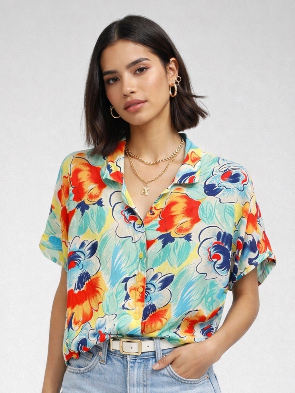 Jonathan Martin Floral Vintage Pure Silk Short Sleeve Blouse Top size 8 button